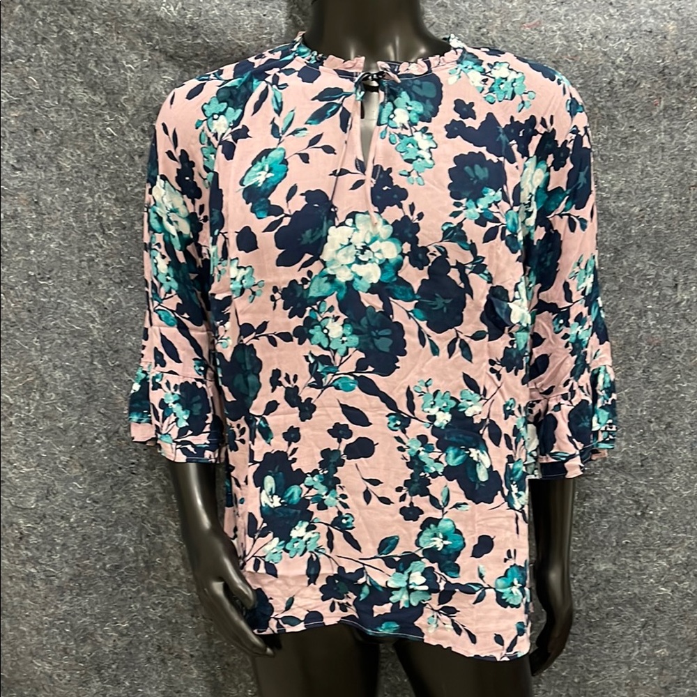 NEW J Jill WOMENS 1X Pink Floral 3/4 Sleeve Flare V-Neck CUTE Shirt Top Tunic